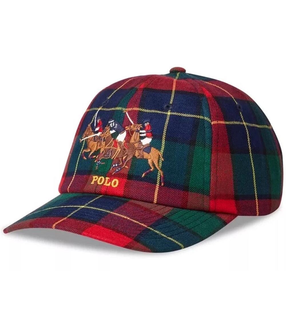 NWT Polo Ralph Lauren Multicolor Plaid TRIPLE PONY Cotton Baseball Ball Cap Hat